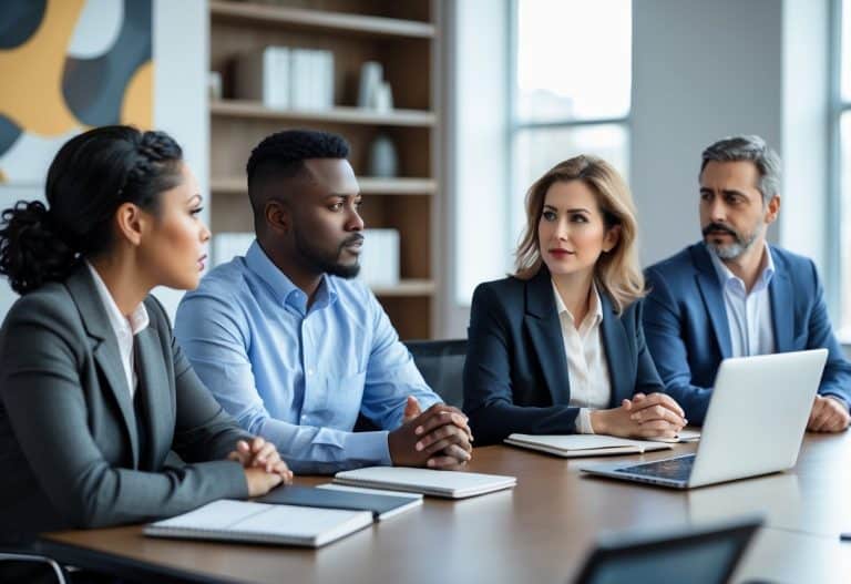 Um grupo diversificado de adultos discutindo seriamente em uma sala de reunião moderna, com expressões atentas e ambiente profissional.