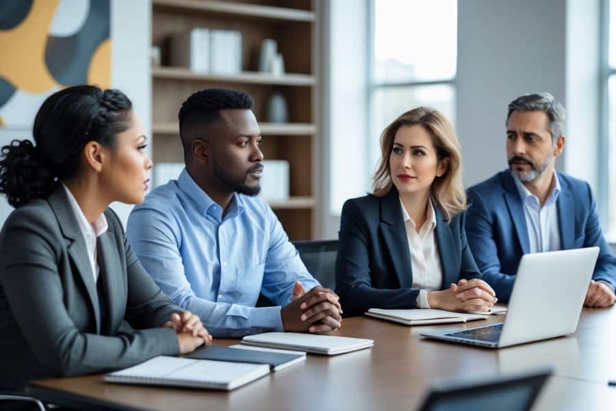 Um grupo diversificado de adultos discutindo seriamente em uma sala de reunião moderna, com expressões atentas e ambiente profissional.