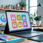 Mesa de trabalho moderna com laptop mostrando ilustrações coloridas, tablet gráfico, cadernos de desenho e plantas em um escritório bem iluminado.