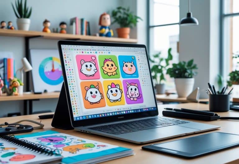 Mesa de trabalho moderna com laptop mostrando ilustrações coloridas, tablet gráfico, cadernos de desenho e plantas em um escritório bem iluminado.