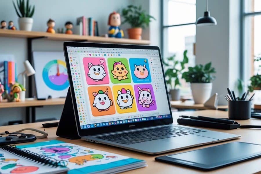 Mesa de trabalho moderna com laptop mostrando ilustrações coloridas, tablet gráfico, cadernos de desenho e plantas em um escritório bem iluminado.