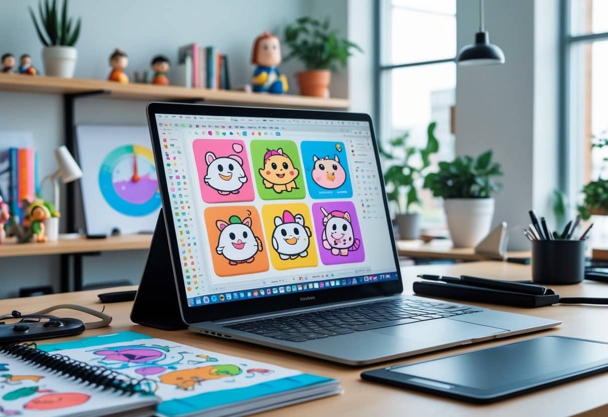 Mesa de trabalho moderna com laptop mostrando ilustrações coloridas, tablet gráfico, cadernos de desenho e plantas em um escritório bem iluminado.