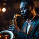 Músico tocando saxofone em um palco com iluminação suave, transmitindo emoção e concentração.