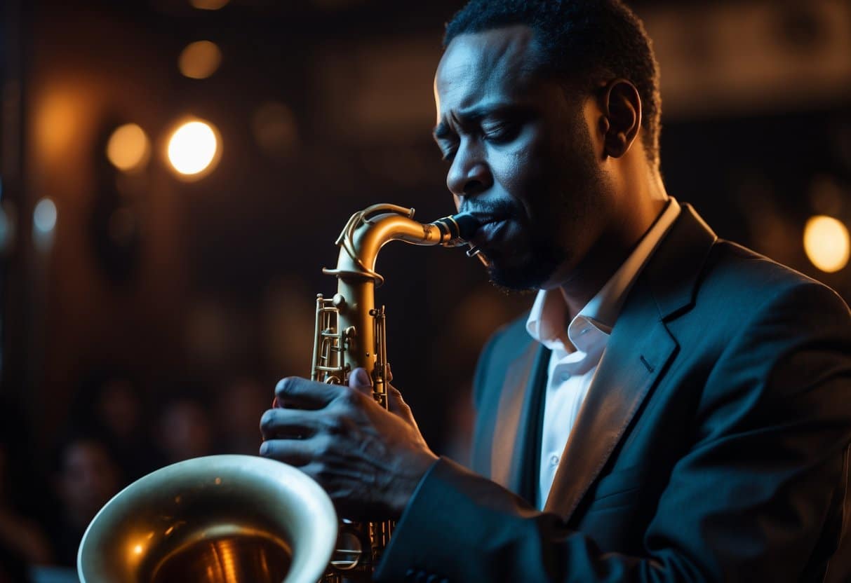 Músico tocando saxofone em um palco com iluminação suave, transmitindo emoção e concentração.
