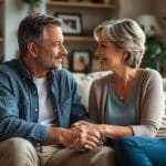 Um casal sentado em um sofá, conversando de forma íntima e carinhosa em uma sala de estar aconchegante.