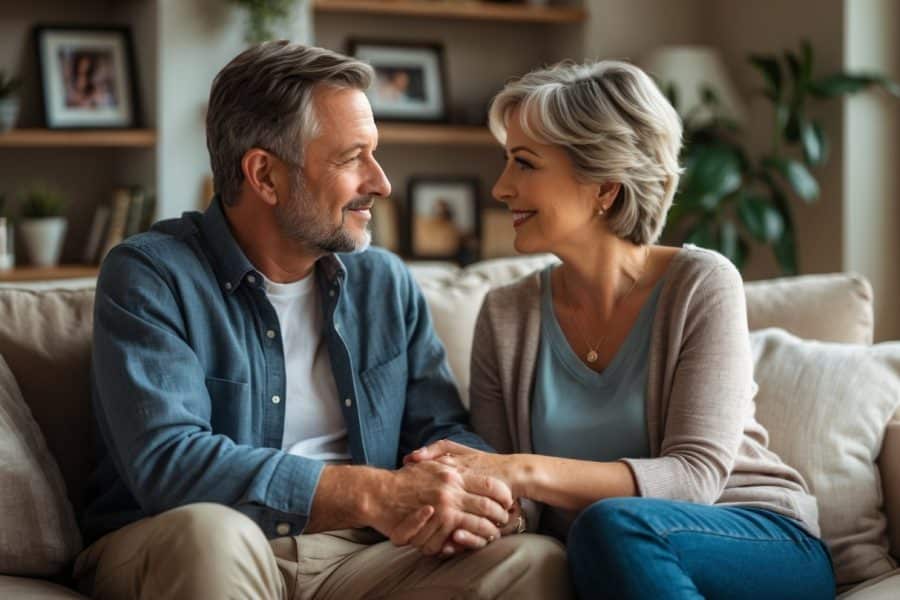 Um casal sentado em um sofá, conversando de forma íntima e carinhosa em uma sala de estar aconchegante.