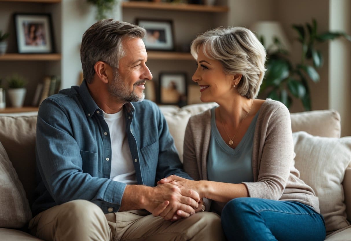 Um casal sentado em um sofá, conversando de forma íntima e carinhosa em uma sala de estar aconchegante.