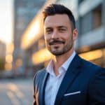 Homem confiante em ambiente urbano com roupas casuais elegantes, olhando levemente para o lado.