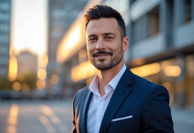 Homem confiante em ambiente urbano com roupas casuais elegantes, olhando levemente para o lado.