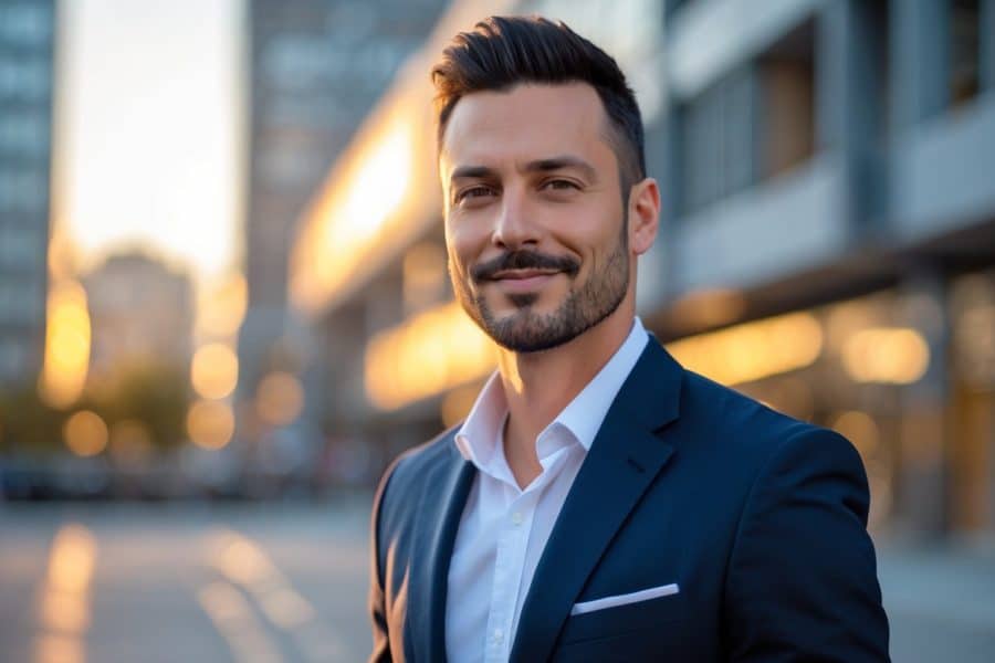 Homem confiante em ambiente urbano com roupas casuais elegantes, olhando levemente para o lado.