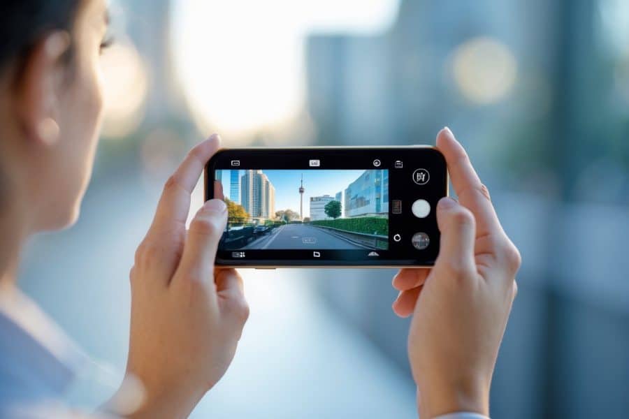 Pessoa segurando um smartphone mostrando a cena vista pela câmera, com fundo desfocado.