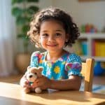 Uma menina de aproximadamente seis anos sorrindo sentada à mesa em uma sala iluminada, com brinquedos e livros ao fundo.