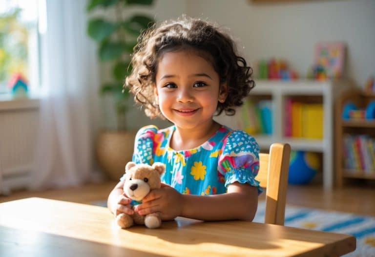 Uma menina de aproximadamente seis anos sorrindo sentada à mesa em uma sala iluminada, com brinquedos e livros ao fundo.