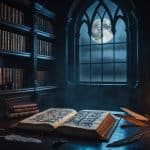 Uma sala de estudo antiga e escura com uma janela mostrando a lua cheia à noite, uma mesa com um manuscrito aberto e uma vela acesa.