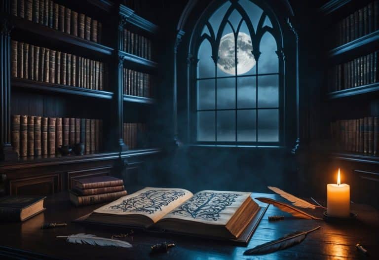 Uma sala de estudo antiga e escura com uma janela mostrando a lua cheia à noite, uma mesa com um manuscrito aberto e uma vela acesa.