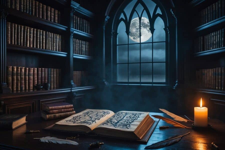 Uma sala de estudo antiga e escura com uma janela mostrando a lua cheia à noite, uma mesa com um manuscrito aberto e uma vela acesa.