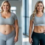 Comparação lado a lado de uma mulher antes e depois de um mês de tratamento para perda de peso, mostrando mudança visível no corpo e expressão facial.