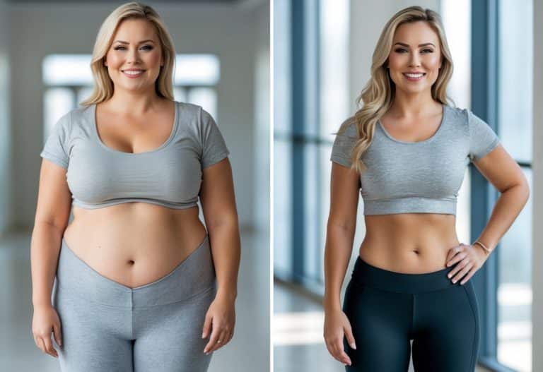 Comparação lado a lado de uma mulher antes e depois de um mês de tratamento para perda de peso, mostrando mudança visível no corpo e expressão facial.