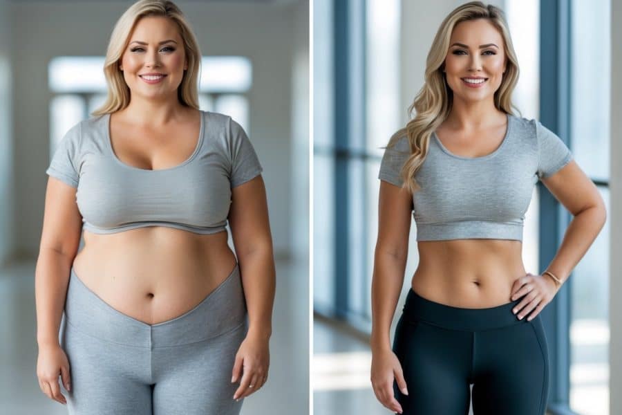 Comparação lado a lado de uma mulher antes e depois de um mês de tratamento para perda de peso, mostrando mudança visível no corpo e expressão facial.