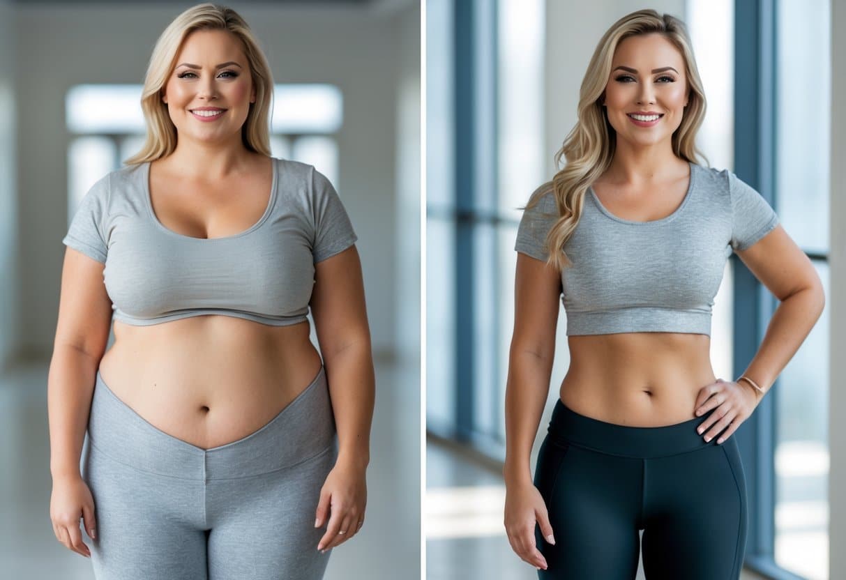 Comparação lado a lado de uma mulher antes e depois de um mês de tratamento para perda de peso, mostrando mudança visível no corpo e expressão facial.