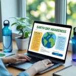 Mãos usando um laptop em uma mesa com itens sustentáveis, como planta e garrafa reutilizável, em um ambiente iluminado com luz natural.