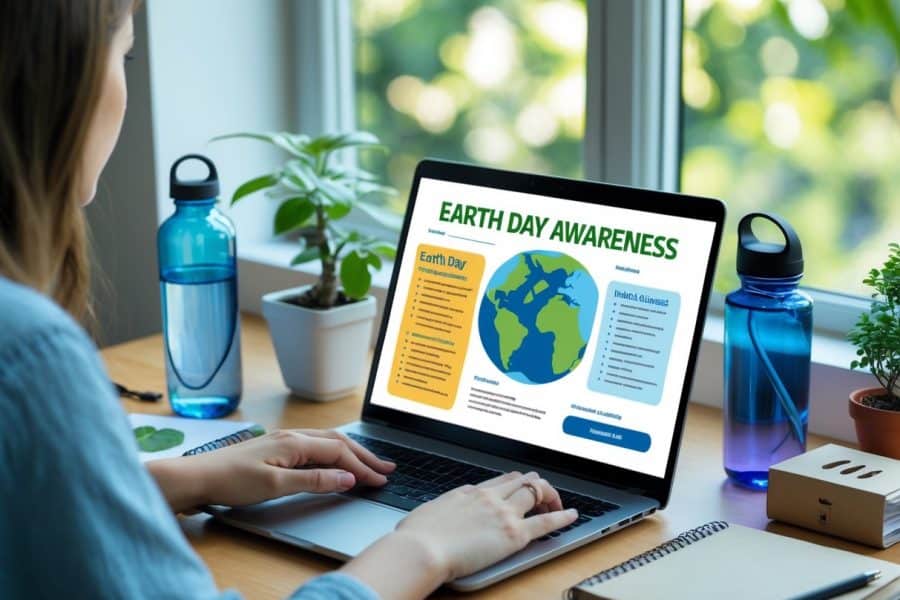 Mãos usando um laptop em uma mesa com itens sustentáveis, como planta e garrafa reutilizável, em um ambiente iluminado com luz natural.