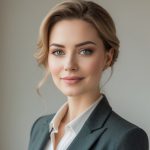 Mulher jovem, de pele clara e cabelo castanho claro ondulado, vestindo roupa profissional, olhando para a câmera com leve sorriso.