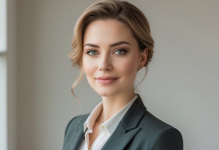 Mulher jovem, de pele clara e cabelo castanho claro ondulado, vestindo roupa profissional, olhando para a câmera com leve sorriso.