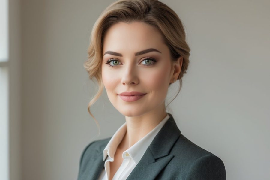 Mulher jovem, de pele clara e cabelo castanho claro ondulado, vestindo roupa profissional, olhando para a câmera com leve sorriso.
