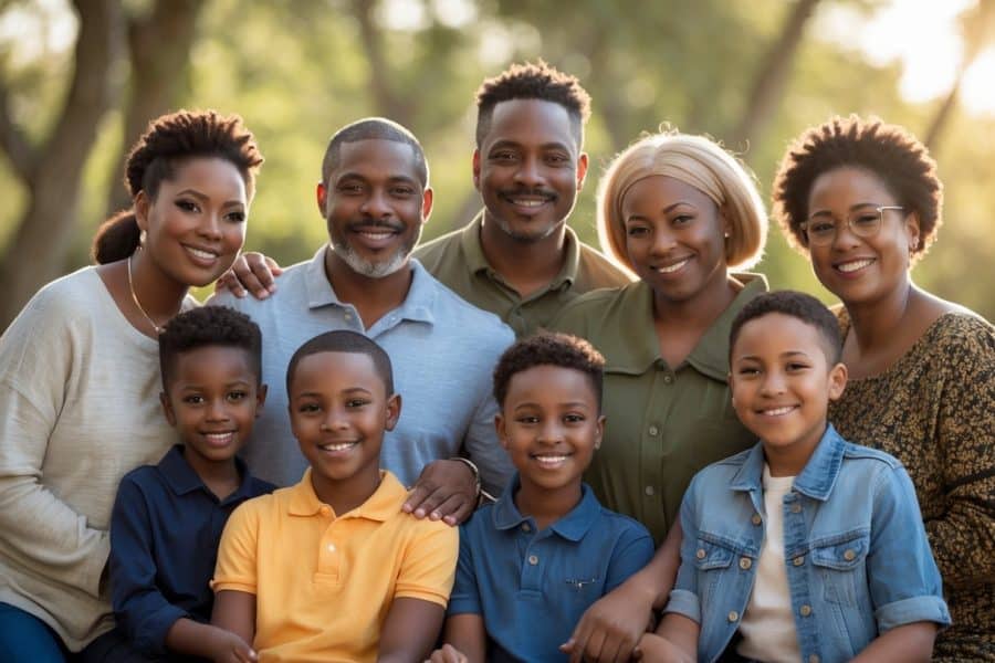 Uma família Wayans reunida ao ar livre, sorrindo e interagindo em um ambiente natural com árvores ao fundo.