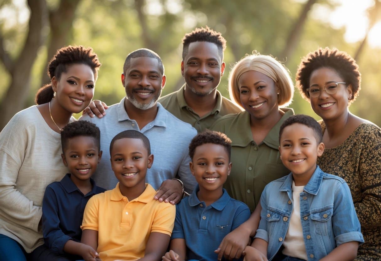 Uma família Wayans reunida ao ar livre, sorrindo e interagindo em um ambiente natural com árvores ao fundo.