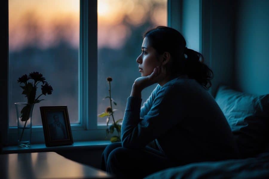 Pessoa sentada sozinha em um quarto com luz suave, olhando pensativa pela janela ao entardecer.