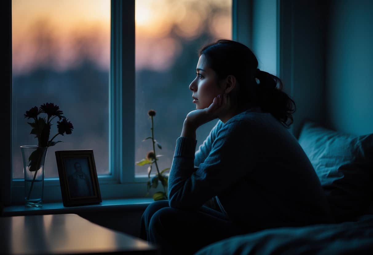 Pessoa sentada sozinha em um quarto com luz suave, olhando pensativa pela janela ao entardecer.