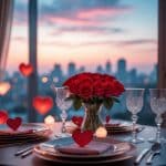 Mesa para dois com flores vermelhas e decoração romântica em ambiente interno iluminado suavemente.