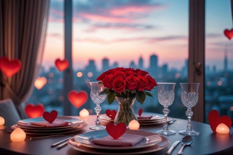 Mesa para dois com flores vermelhas e decoração romântica em ambiente interno iluminado suavemente.