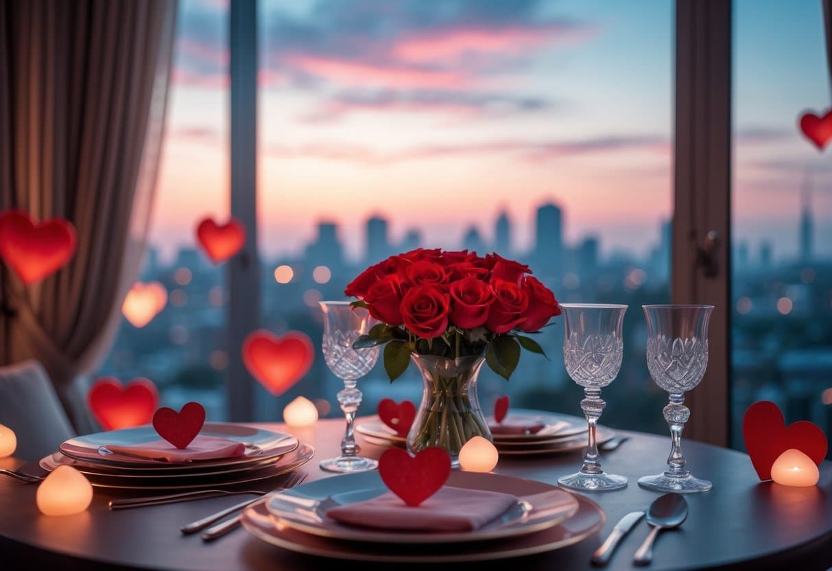 Mesa para dois com flores vermelhas e decoração romântica em ambiente interno iluminado suavemente.
