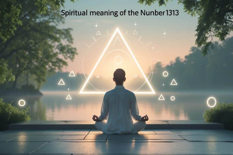 Pessoa meditando em um ambiente natural tranquilo com luz suave e elementos de energia espiritual ao redor.