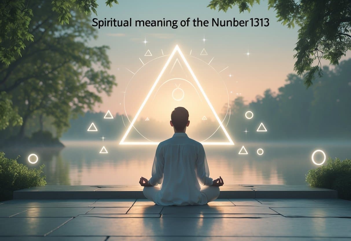 Pessoa meditando em um ambiente natural tranquilo com luz suave e elementos de energia espiritual ao redor.