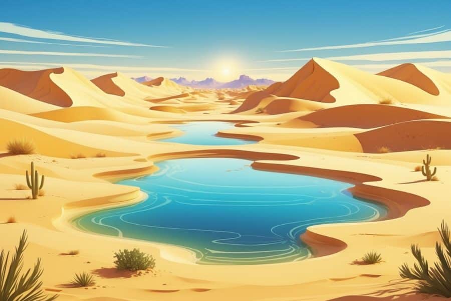 Paisagem desértica com dunas de areia e uma miragem que parece um oásis com água refletindo o céu.