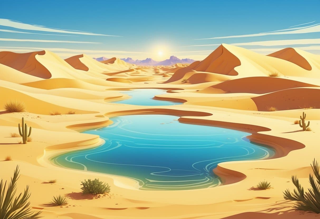 Paisagem desértica com dunas de areia e uma miragem que parece um oásis com água refletindo o céu.