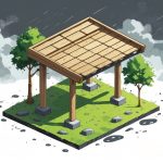 Uma pequena estrutura ao ar livre com telhado inclinado, feita de madeira, protegendo contra chuva e vento, cercada por árvores e céu nublado.