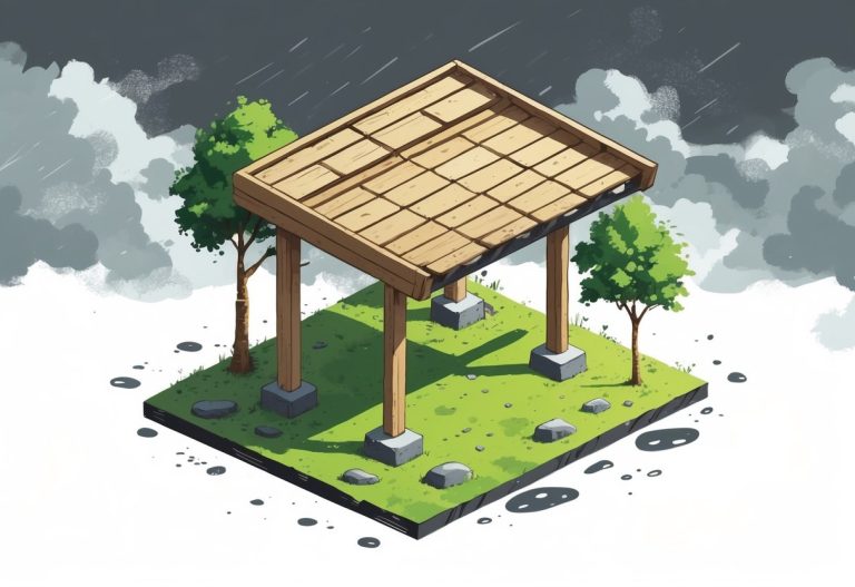 Uma pequena estrutura ao ar livre com telhado inclinado, feita de madeira, protegendo contra chuva e vento, cercada por árvores e céu nublado.