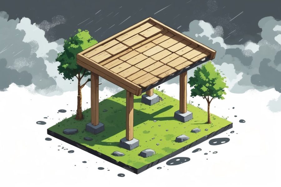 Uma pequena estrutura ao ar livre com telhado inclinado, feita de madeira, protegendo contra chuva e vento, cercada por árvores e céu nublado.