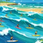 Surfistas no mar procurando ondas, com prancha sobre as águas e uma praia ao fundo.