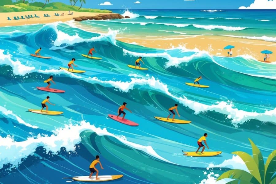 Surfistas no mar procurando ondas, com prancha sobre as águas e uma praia ao fundo.