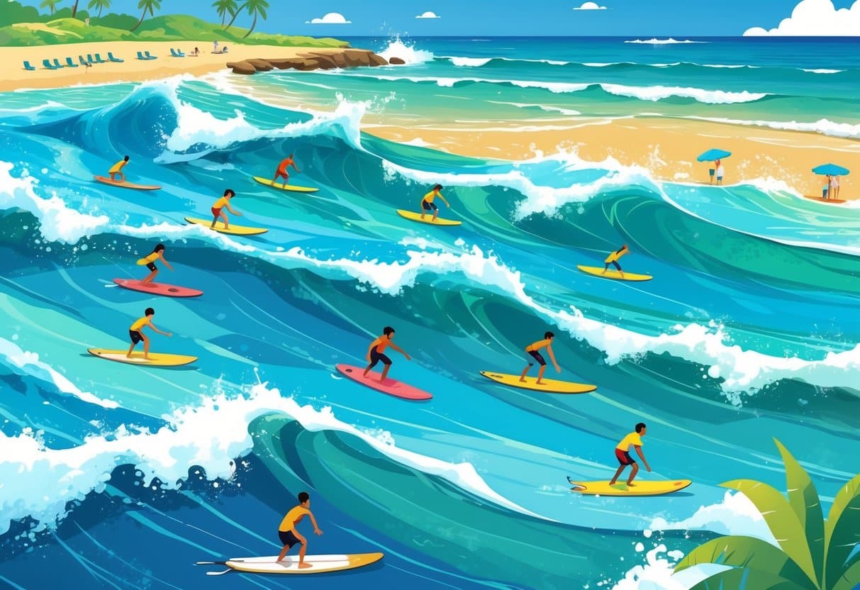 Surfistas no mar procurando ondas, com prancha sobre as águas e uma praia ao fundo.