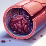 Ilustração mostrando um vaso sanguíneo com um coágulo bloqueando parcialmente seu interior.