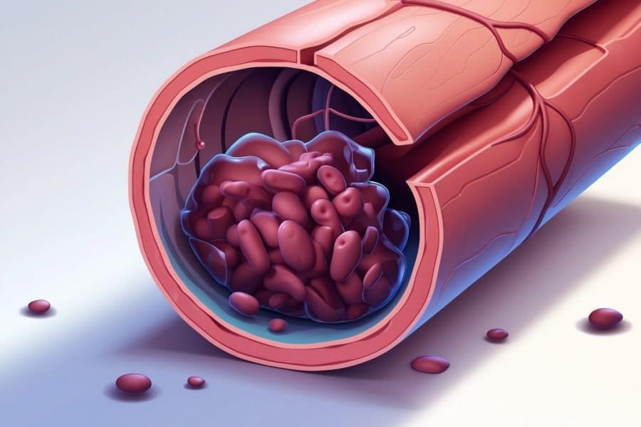 Ilustração mostrando um vaso sanguíneo com um coágulo bloqueando parcialmente seu interior.