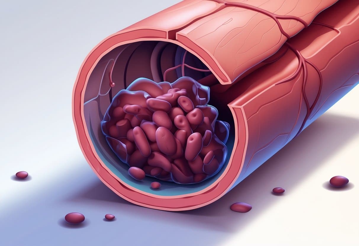 Ilustração mostrando um vaso sanguíneo com um coágulo bloqueando parcialmente seu interior.