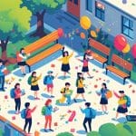 Estudantes felizes em um pátio escolar, conversando, brincando e celebrando o fim do ano letivo.